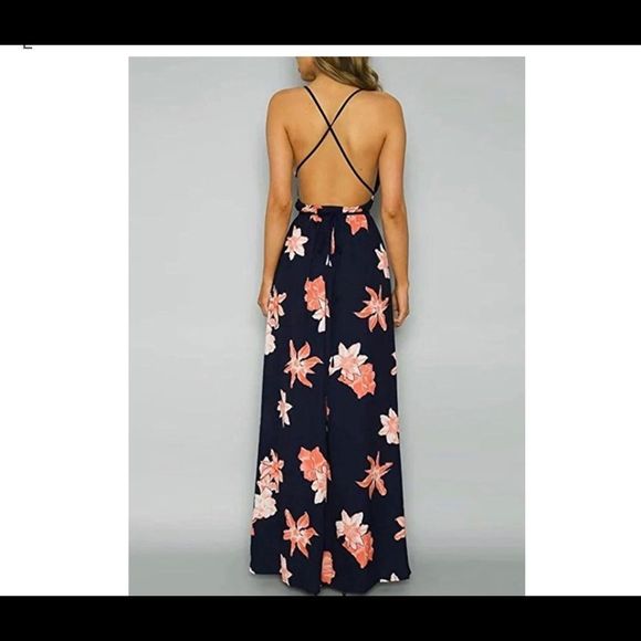 NWOT——Beautiful low cut navy maxi dress - Picture 2 of 6